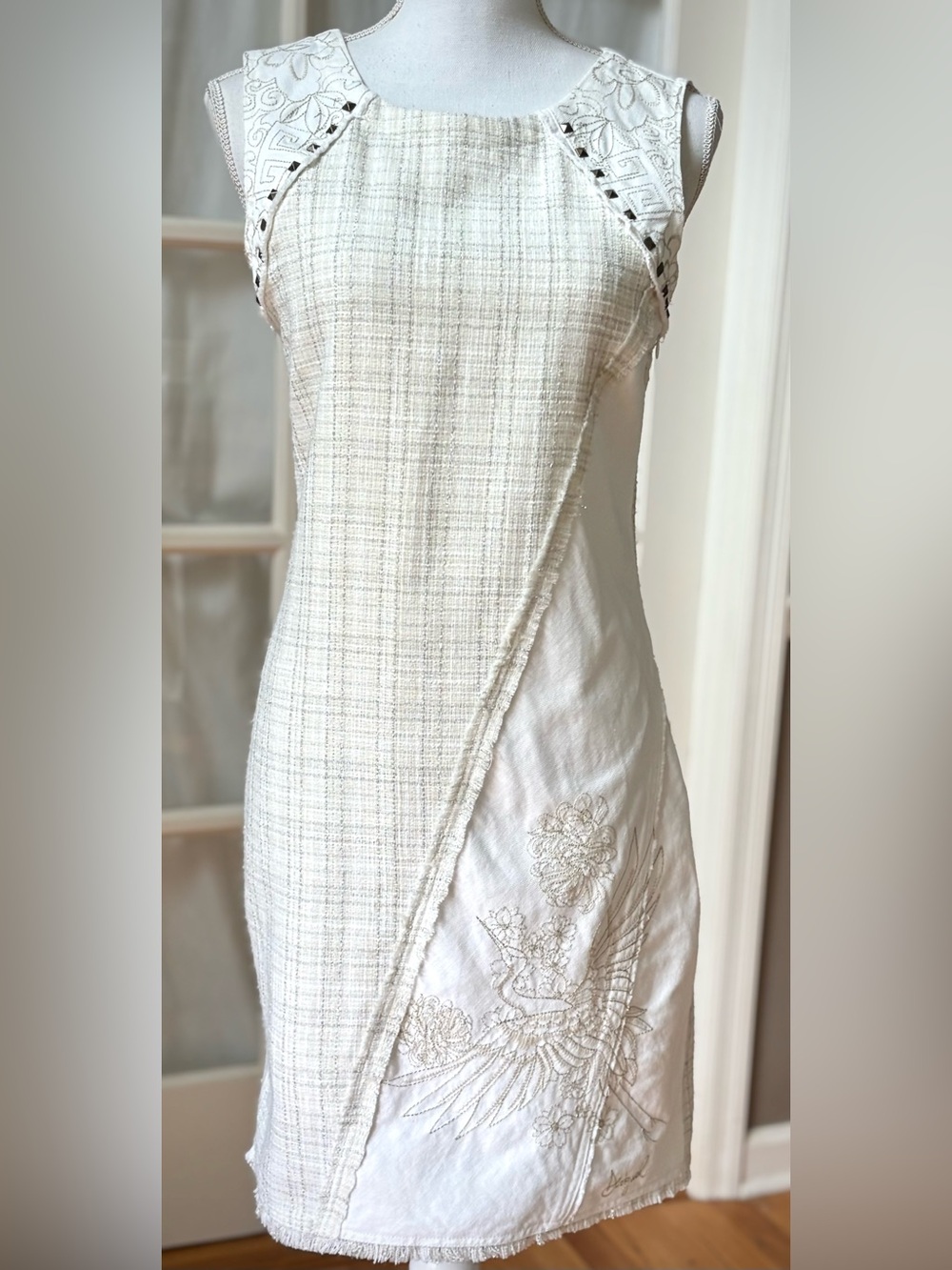 Desigual Embroidered Crane Tweed Sheath Dress Ivory Metallic Size 36